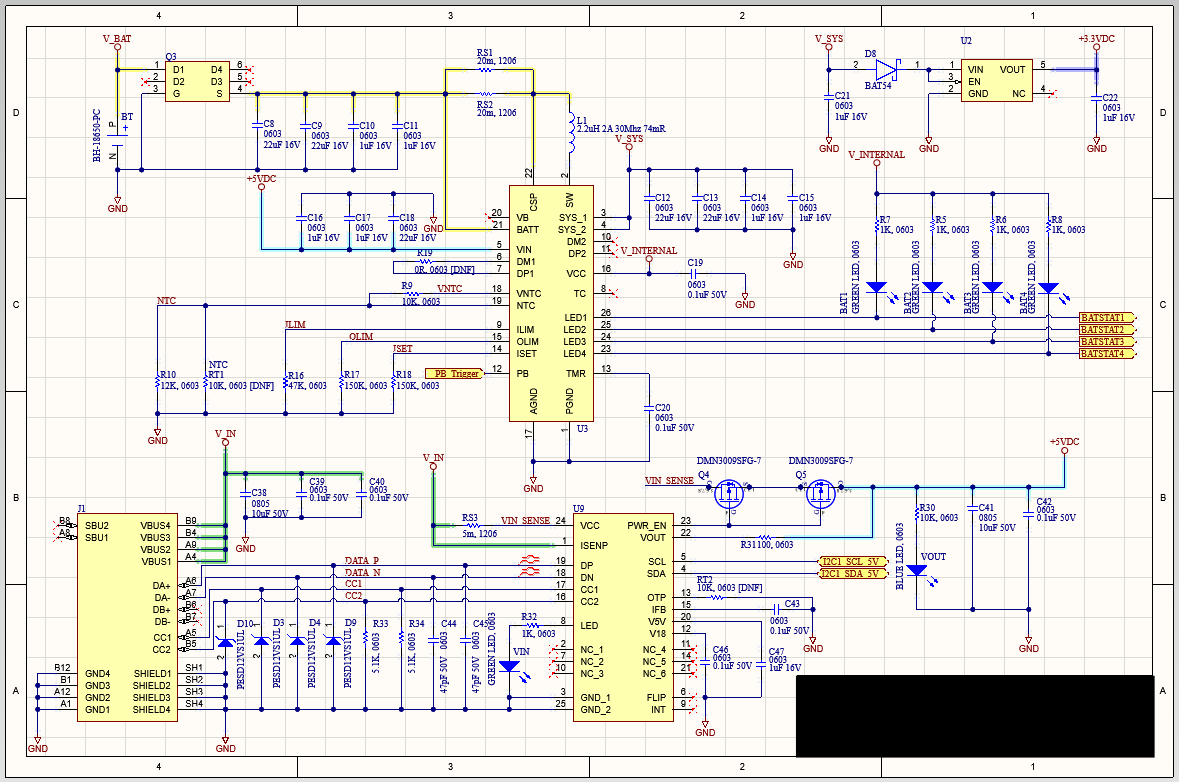 Circuit schematic showing battery and USB-C connections, power regulation and status indicators.