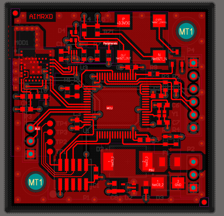 AIMRXD PCB layout showing routed copper, component footprints, connectors and mounting holes.