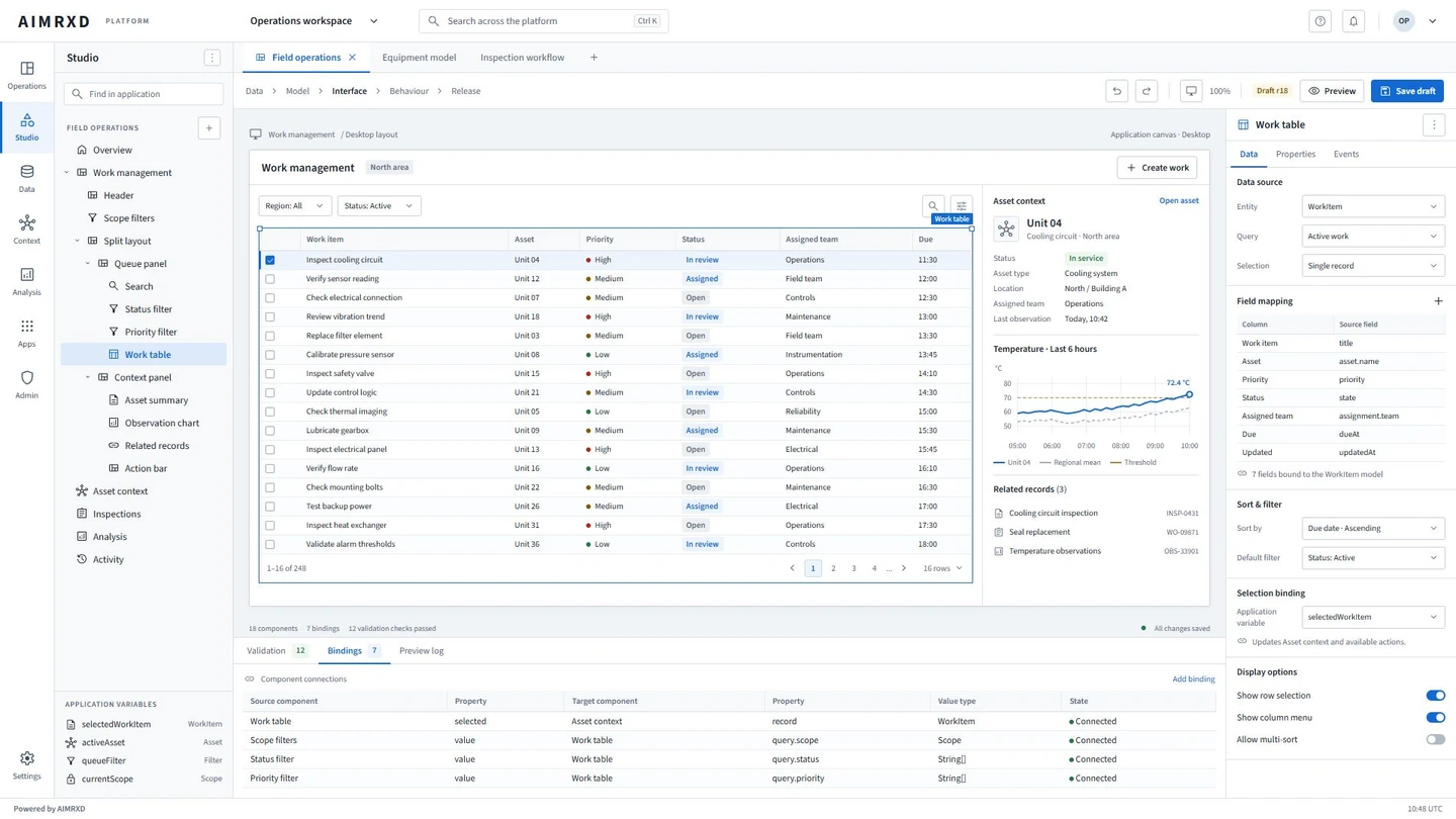 Studio application builder showing a selected work component, its source fields and application data bindings.